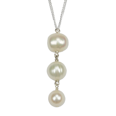 Cultured freshwater pearl pendant necklace, 'Stair of Pearls' - Handmade Cultured Pearl and Sterling Silver Pendant Necklace