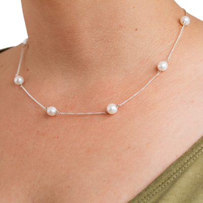 collar de estacion de perlas cultivadas - Collar de plata esterlina y perlas cultivadas artesanalmente