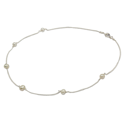 Cultured pearl station necklace, 'Pearl Dance' - Artisan Crafted Cultured Pearl and Sterling Silver Necklace