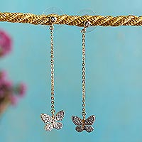 Gold plated dangle earrings, 'Butterfly Sparkle' - Mexican Gold Plated Butterfly Earrings with Cubic Zirconia