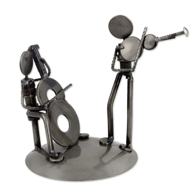 Upcycled auto part sculpture, 'Cello and Violin Duet' - Musician Sculpture of Recycled Spark Plugs and Metal