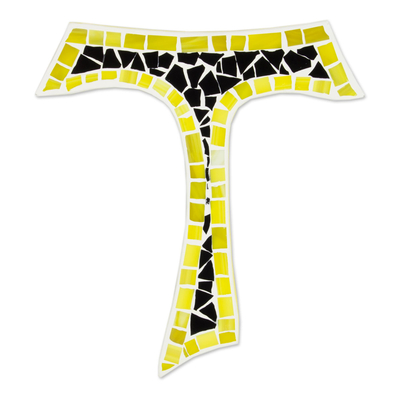 Glass mosaic cross, 'Aura of Faith' - Upcycled Glass Mosaic Tau Cross in Black and Yellow