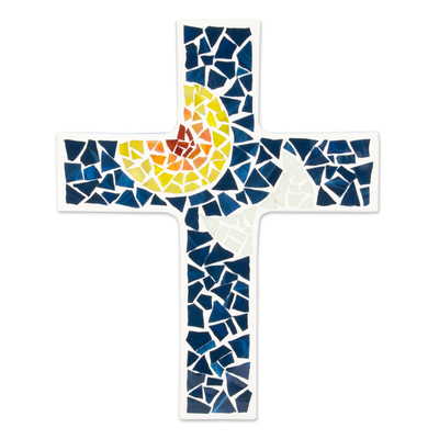 Glass mosaic cross, 'Divine Protection' - Upcycled Glass Mosaic Wall Cross with Sun and Moon