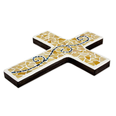 Glass mosaic cross, 'Spiritual Growth' - Upcycled Glass Mosaic Mexican Wall Cross with Scroll Design
