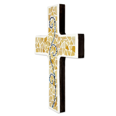 Glass mosaic cross, 'Spiritual Growth' - Upcycled Glass Mosaic Mexican Wall Cross with Scroll Design