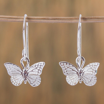 Sterling silver dangle earrings, 'Perfect Monarch' - Fair Trade Taxco Silver Butterfly Dangle Earrings