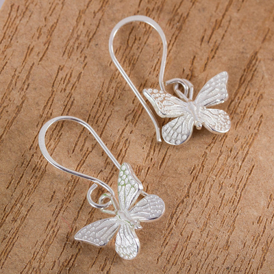 Fair Trade Taxco Silver Butterfly Dangle Earrings, 'Perfect Monarch