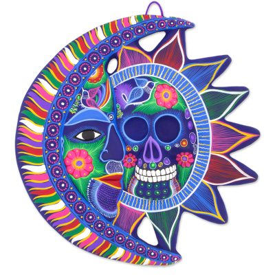 Ceramic eclipse, 'Death and Life' - Signed Ceramic Day of the Dead Moon and Sun Eclipse Wall Art