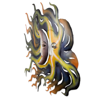 Steel wall art, 'Celestial Passion' - Handcrafted Steel Eclipse Sun and Moon Wall Sculpture