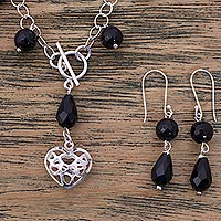 Black Agate Handcrafted Sterling Silver Heart Jewelry Set,'Agape Love'