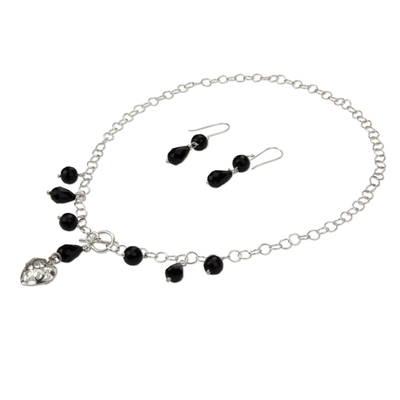 Conjunto de joyas de ágata - Conjunto de joyería de corazón de plata de primera ley hecha a mano con ágata negra