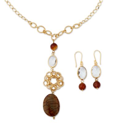 18k Gold Plated Jewelry Set with Agate and Glass Crystal