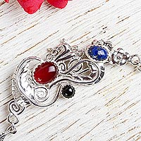 Multigem pendant necklace, 'Ephemeral' - Silver 925 Carnelian Floral Necklace with Lapis and Onyx