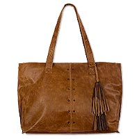 Brown Leather Shoulder Bag with Chevron Print Cotton Lining - Sea Green  Nest
