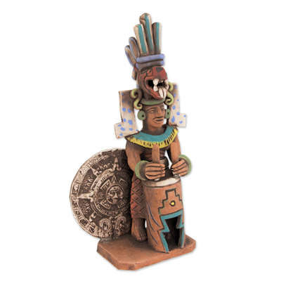 Ceramic sculpture, 'Aztec Drummer' - Aztec-Themed Ceramic Priest Drummer Sculpture from Mexico