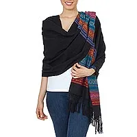 Zapotec cotton rebozo shawl, 'Zapotec Night Blues' - Handwoven Black Zapotec Rebozo Shawl with Multicolor Motifs