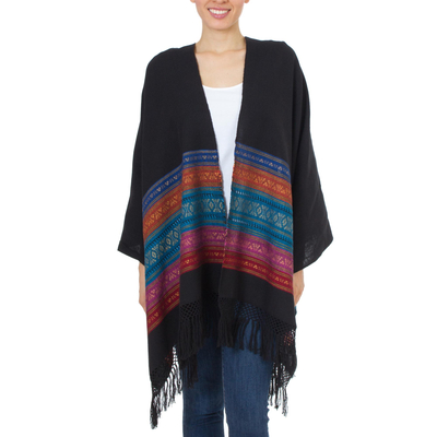 Zapotec cotton rebozo shawl, 'Zapotec Night Blues' - Handwoven Black Zapotec Rebozo Shawl with Multicolor Motifs