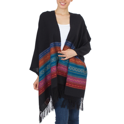 Rebozo-Schal aus Zapotec-Baumwolle - Handgewebter schwarzer Zapotec-Rebozo-Schal mit mehrfarbigen Motiven