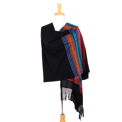 Zapotec cotton rebozo shawl, 'Zapotec Night Blues' - Handwoven Black Zapotec Rebozo Shawl with Multicolor Motifs