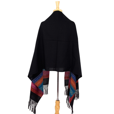Rebozo-Schal aus Zapotec-Baumwolle - Handgewebter schwarzer Zapotec-Rebozo-Schal mit mehrfarbigen Motiven