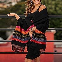 Zapotec cotton rebozo shawl, 'Zapotec Night Splendor' - Black Zapotec Rebozo Shawl with Colorful Geometric Stripes