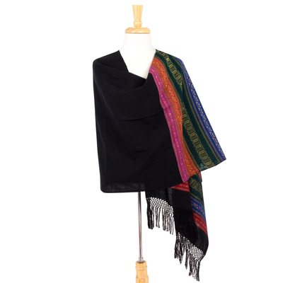 Zapotec cotton rebozo shawl, 'Zapotec Night Splendor' - Black Zapotec Rebozo Shawl with Colorful Geometric Stripes