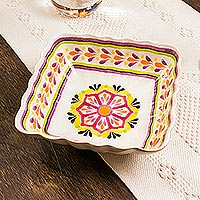 Majolica ceramic serving bowl, Square Mexican Lavender