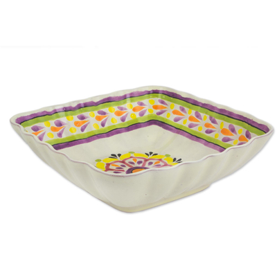 Majolica ceramic serving bowl, 'Square Mexican Lavender' - Purple and Yellow Majolica Ceramic Square Serving Bowl