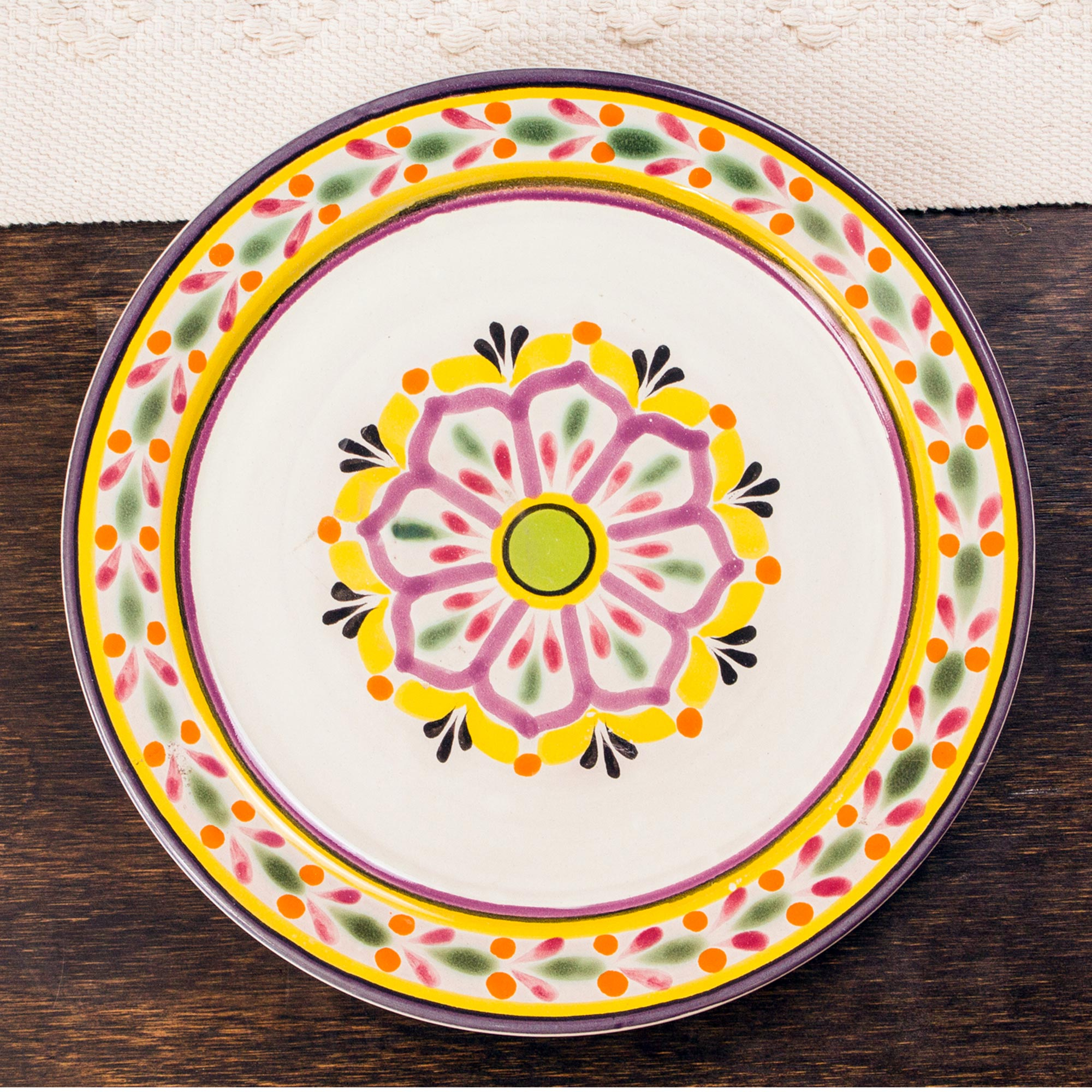 purple-and-yellow-majolica-ceramic-dinner-plates-pair-mexican