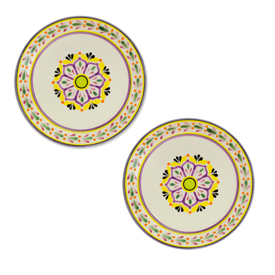 Majolica ceramic dinner plates, 'Mexican Lavender' (pair) - Purple and Yellow Majolica Ceramic Dinner Plates (Pair)
