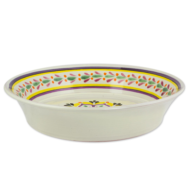 Majolica ceramic serving bowl, 'Purple Azalea' (12 inch) - Handcrafted 12 Inch Serving Bowl in Majolica Ceramic