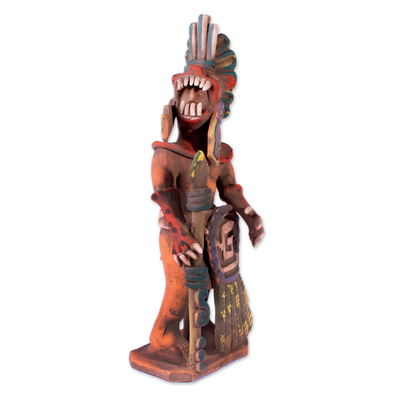 Ceramic sculpture, 'Fierce Aztec Jaguar Warrior' - Realistic Ceramic Sculpture of an Aztec Jaguar Warrior