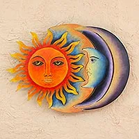 Arte de pared de acero, 'Eclipse festivo' - Escultura colorida de arte de pared de eclipse de sol y luna de acero