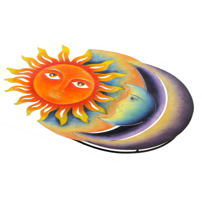 Steel wall art, 'Festive Eclipse' - Colorful Steel Sun and Moon Eclipse Wall Art Sculpture