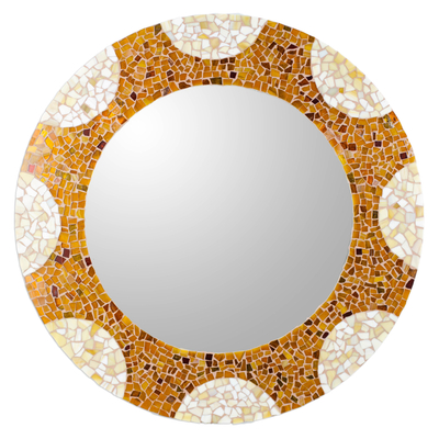 Glass mosaic wall mirror, 'Earth and Sun' (23 inch) - Handcrafted Mexican Glass Mosaic Wall Mirror (22 Inch)