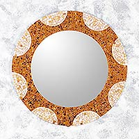 Glass mosaic wall mirror, 'Earth and Sun' (27 inch) - Handcrafted Stained Glass Round Wall Mirror (27 Inch)