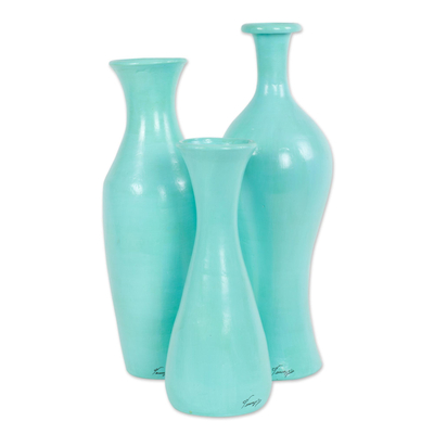 Ceramic decorative vases, 'Mint Drops' (set of 3) - Set of 3 Decorative Ceramic Vases Crafted by Hand in Mexico