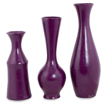 Ceramic decorative vases, 'Plum Drops' (set of 3) - Set of 3 Decorative Ceramic Vases Handcrafted in Deep Plum