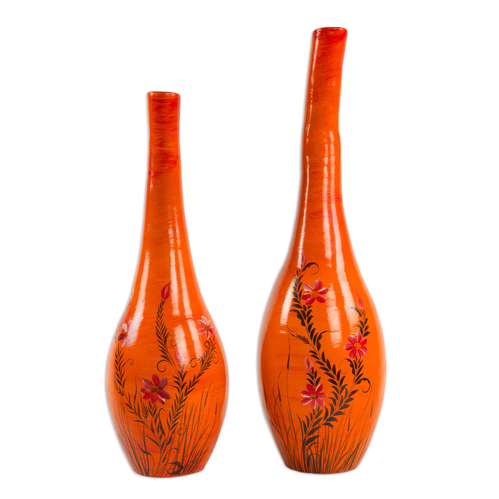 Tall Orange Ceramic Decorative Vases From Mexico Pair Blossoms At   P268598 2a 