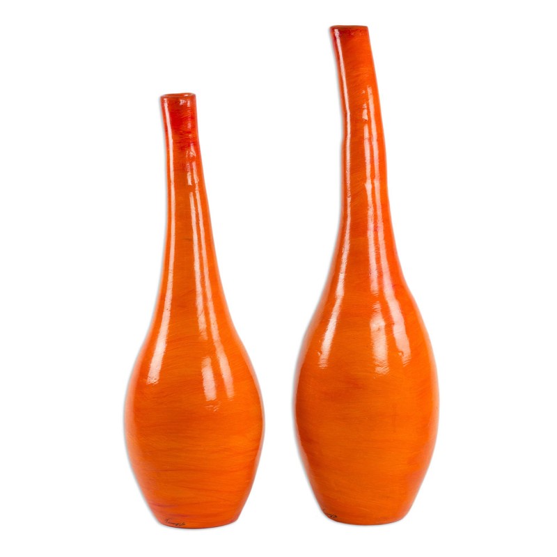 Tall Orange Ceramic Decorative Vases from Mexico (Pair) - Blossoms at Sunrise