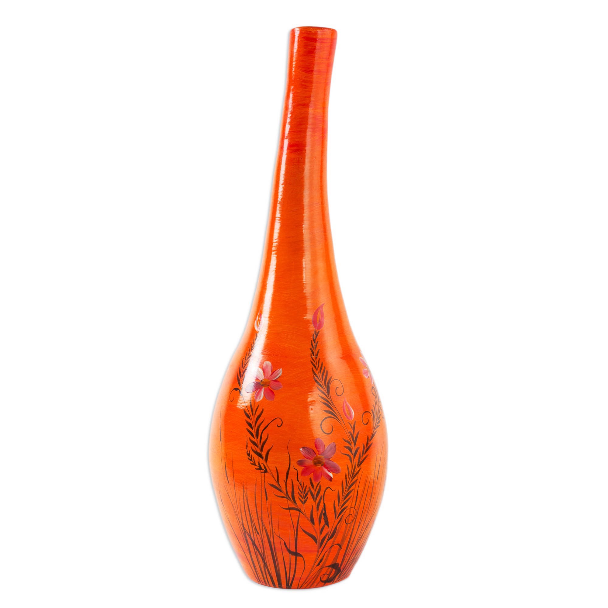 Tall Orange Ceramic Decorative Vases from Mexico (Pair) Blossoms at