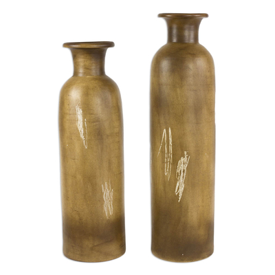 Ceramic decorative vases, 'Traces' (pair) - 2 Brown Ceramic Decorative Vases Crafted by Hand in Mexico