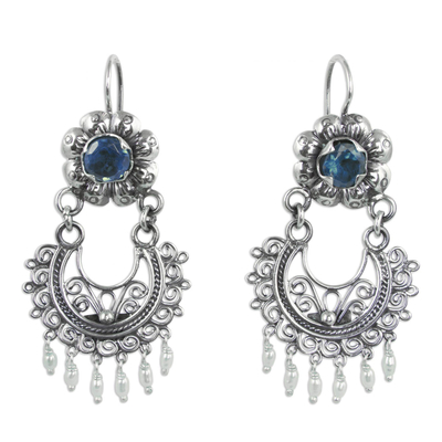 Blue topaz and cultured pearl chandelier earrings, 'Mazahua Lady' - Silver Mazahua Style Blue Topaz and Cultured Pearl Earrings
