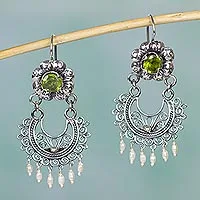 Peridot and cultured pearl chandelier earrings, 'Mazahua Lady' - Authentic Mazahua Earrings with Peridot and Cultured Pearls