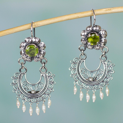 Peridot and cultured pearl chandelier earrings, 'Mazahua Lady' - Authentic Mazahua Earrings with Peridot and Cultured Pearls