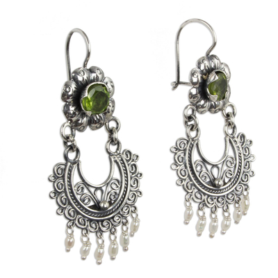 Peridot and cultured pearl chandelier earrings, 'Mazahua Lady' - Authentic Mazahua Earrings with Peridot and Cultured Pearls