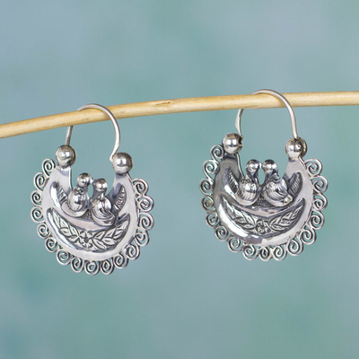 Sterling silver hoop earrings, Mazahua Lovebirds