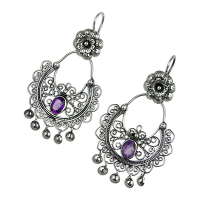 Amethyst chandelier earrings, 'Mazahua Elegance' - Sterling Silver Mazahua Engagement Earrings with Amethyst
