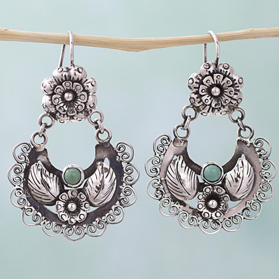 Turquoise dangle earrings, 'Floral Thoughts' - Hand Made Sterling Silver Turquoise Dangle Earrings Mexico