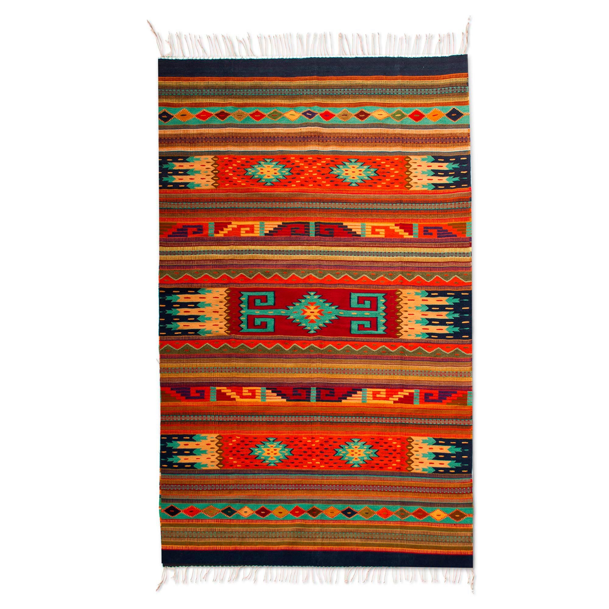 Hand Woven Wool Area Rug Geometric Designs Mexico Desert Character NOVICA